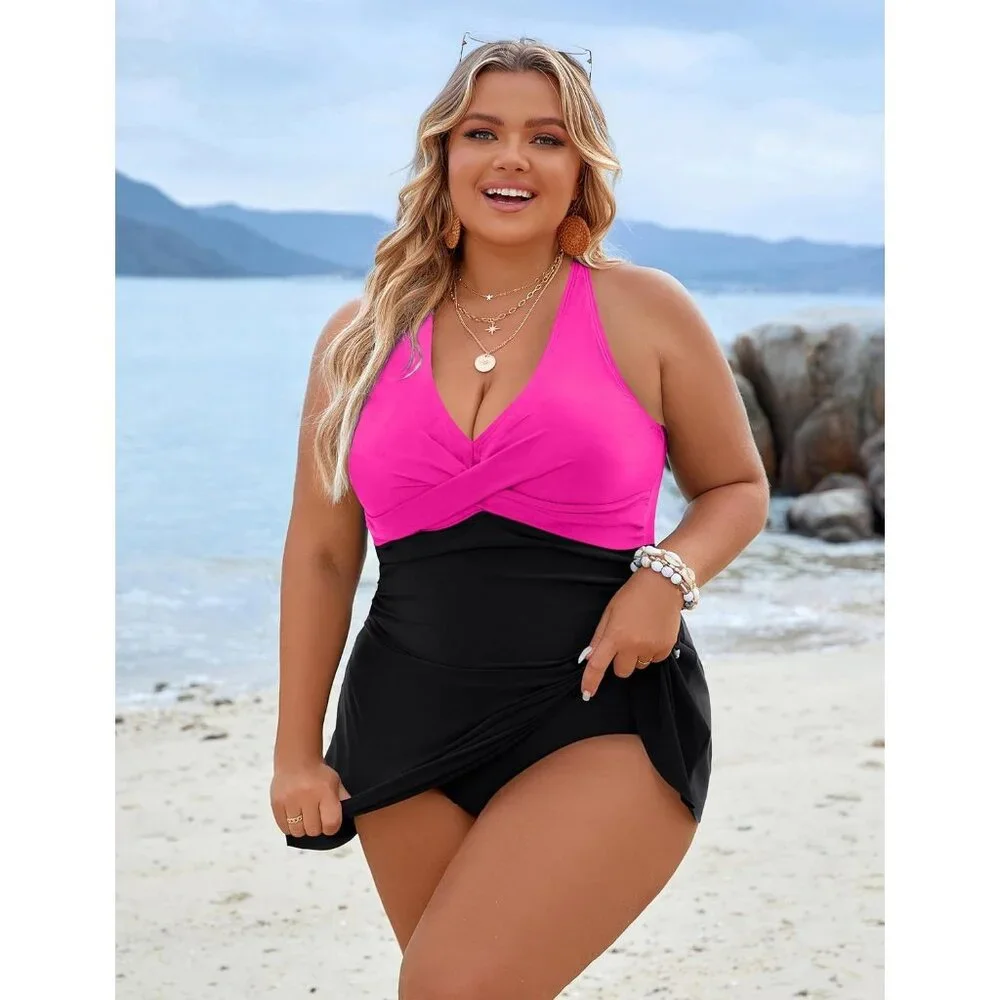 Blooming Jelly Size 2XL One-Piece Swimsuit Ruched Pink Black Adjustable Back